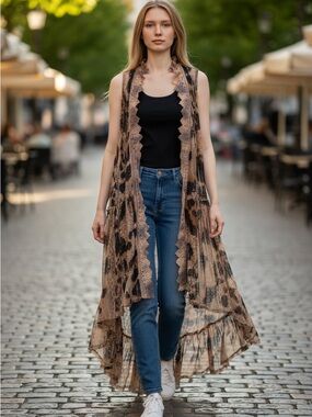 Origami Leopard Print Long Sheer Vest - Brown